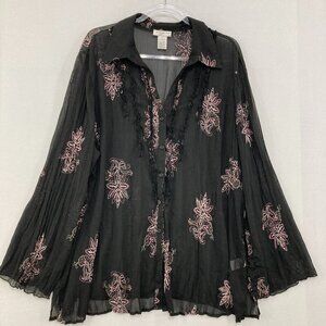 Worthington 1X Black Purple Floral Embroidered Sheer Button Up Whimsigoth